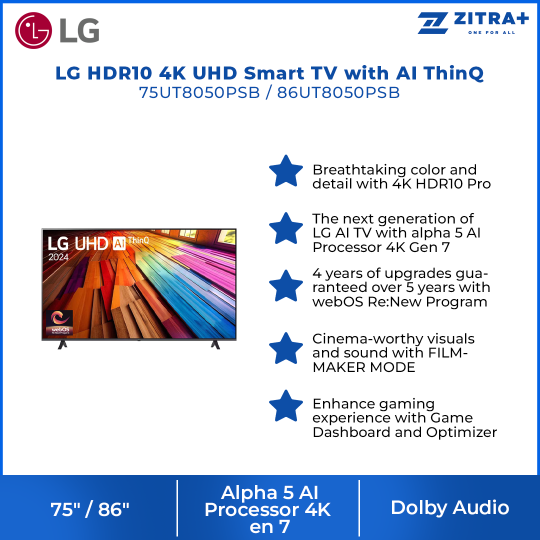 LG 75"/86" HDR10 4K UHD Smart TV with AI ThinQ 75UT8050PSB/ 86UT8050PSB | 4K HDR10 Pro |  5 AI Processor 4K Gen 7 | FILMMAKER MODE